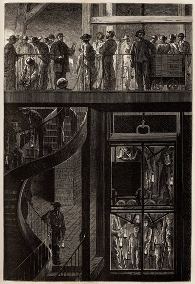 Der Abstieg der Bergleute (Männer, Frauen und Kinder) durch den Aufzugskäfig in die unterirdischen Galerien der Creusot-Kohleminen. Illustration einer Reise nach Creusot und den Minen von Saone und Loire, 1865, von L. Simonin, in 