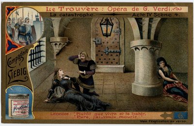 Die Katastrophe Akt IV Szene 4. Illustration zur Oper „Il trovatore“ von Giuseppe Verdi (1813-1901). Chromolithographie (Chromo) Liebig aus dem späten 19. Jahrhundert. von Unknown artist