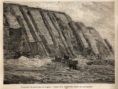 Die Ausbeutung von Guano (Exkremente von Seevögeln, die als Dünger in der Landwirtschaft verwendet werden), die Klippen der Chincha-Inseln (nahe der peruanischen Küste) sind für die intensive Ernte des Rohmaterials in Treppen gegraben, das in Wagen geladen von Unknown artist