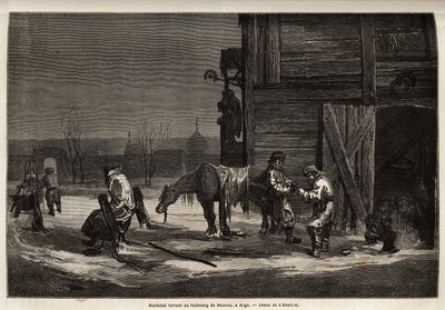 Der Hufschmied, in einem Vorort von Moskau. Zeichnung von Henriet zur Illustration seiner Reise in die russischen Ostseeprovinzen in den Jahren 1851-54. Gravur in „Le tour du monde“, herausgegeben von Edouard Charton von Unknown artist