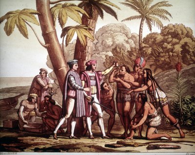 Die ersten Indianer, die Christoph Kolumbus bei seiner Ankunft in Amerika erschienen, - in „Das alte und moderne Kostüm“ von Jules Ferrario von Unknown artist