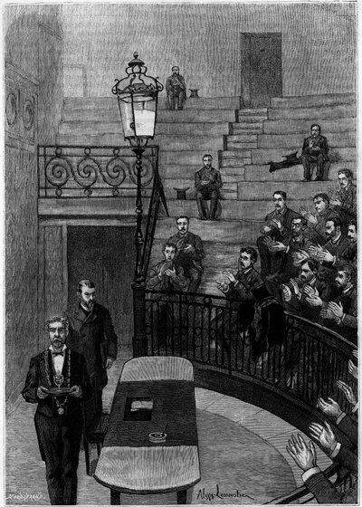 Der große Amphitheater der Medizinischen Fakultät des Quartier Latin in Paris. Gravur im Journal „La jeunesse“ von Unknown artist