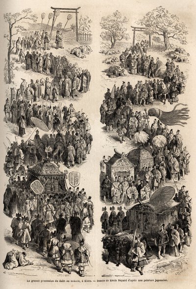 Die große Prozession des Mikado (Kaiser von Japan), im Dairi, dem alten kaiserlichen Schloss von Heian-kyo (Heian Kyo, heutiges Kyoto) von 794 bis 1869. Gravur zur Illustration der Reise nach Japan in den Jahren 1863-1864 von Aime Humbert, Minister der Sch von Unknown artist