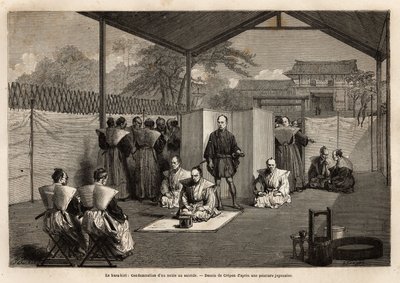 Der Hara Kiri: Verurteilung eines Adligen zum rituellen Selbstmord; verurteilt ihn, ein Knie auf der weißen Matte wird das Messer benutzen, um seinen Bauch zu öffnen, dann steht der Samurai hinter ihm und enthauptet ihn mit einem Schwert. Gravur zur Illust von Unknown artist
