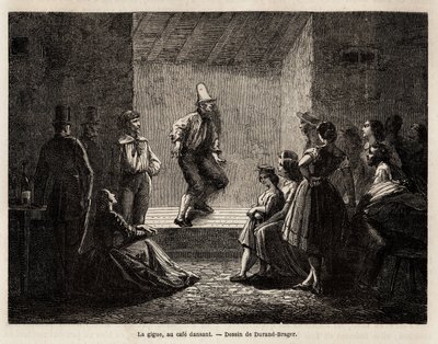 Der Zitterer in einem Tanzcafé, Zeichnung von Durand Brager, zur Illustration eines Ausflugs in die armen Londoner Viertel im Jahr 1862 von L. Simonin. Gravur in „Le tour du monde“, herausgegeben von Edouard Charton von Unknown artist