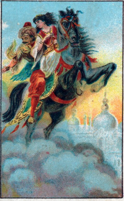 Die Flucht. Märchen „Geschichte des verzauberten Pferdes“ in „Tausendundeine Nacht“. Chromolithographie aus dem späten 19. Jahrhundert. von Unknown artist
