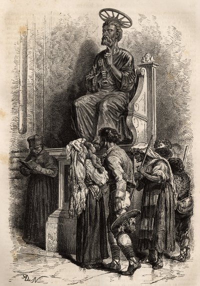 Der untere Fuß der Bronzestatue von St. Peter, ein Objekt der Verehrung für die katholischen Pilger, die die Vatikanische St. Peter-Basilika betreten. Gravur zur Illustration der Geschichte von Ludovic Celler: la semaine sainte à Rome, 1863, in „Le tour du von Unknown artist