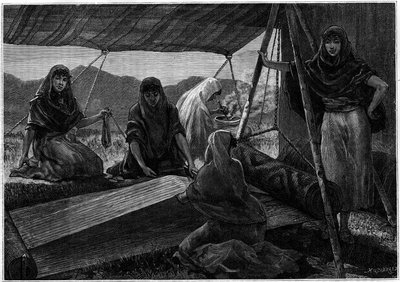 Die Herstellung von Teppichen durch nomadische Frauen Persiens. Gravur im Journal „La jeunesse“ von Unknown artist