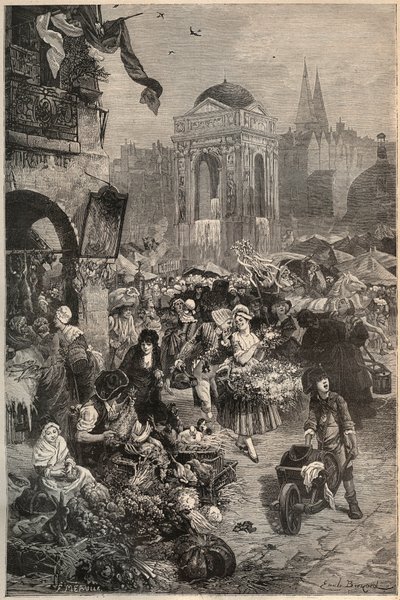 Der Markt und der Brunnen der Unschuldigen, Paris im 18. Jahrhundert - Kupferstich des 19. Jahrhunderts von Unknown artist