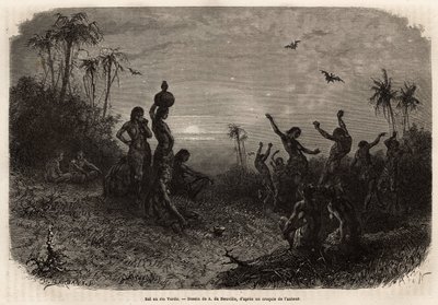 Der Mondscheinball, der die 18-Jahr-Feier und die Hochzeit eines jungen Indianers aus Rio Verde (Brasilien) abschließt. Gravur zur Illustration der Reise nach Neu-Granada, von Dr. Saffray, 1869, veröffentlicht in „Le tour du monde“ 1873, herausgegeben von von Unknown artist