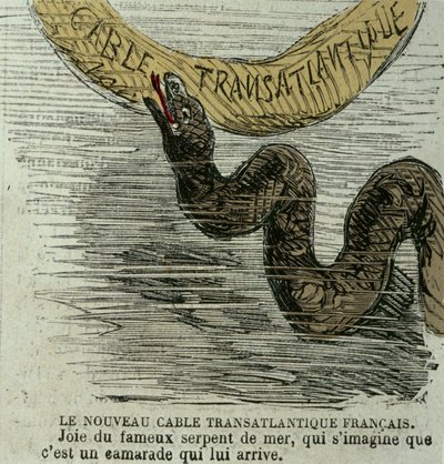 Das neue französische transatlantische Kabel - Freude der berühmten Seeschlange, die sich vorstellt, es sei ein Kamerad, der zu ihm kommt. Humoristische Zeichnung über die riesige Seeschlange und das 1858 verlegte transatlantische Kabel. Gravur aus der Zei von Unknown artist