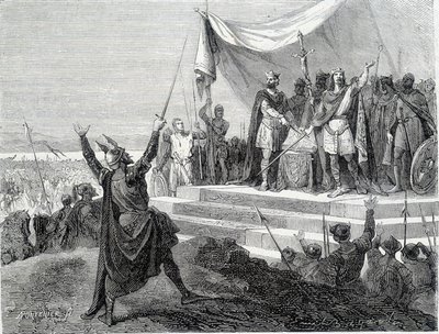 Der Eid der beiden Brüder vor ihrer Rüstung: Karl II. der Kahle und Ludwig II. der Deutsche schwören den Eid gegen Lothar I. (Eide von Straßburg 842). Gravur des 19. Jahrhunderts. von Unknown artist