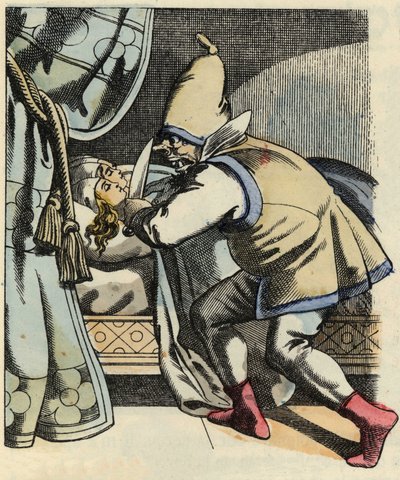 Der Oger köpft seine sieben Töchter, weil er denkt, er tötet den kleinen Poulet und seine Brüder. Illustration aus dem Märchen „Der kleine Däumling“ von Charles Perrault von Unknown artist