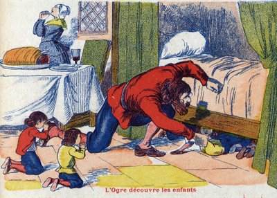 Der Oger entdeckt die Kinder. Illustration für „Le Pepetit poucet“, Märchen von Charles Perrault (1628-1703), französischer Schriftsteller. Anonyme Illustration. Bildmaterial Marcel Vagne, Jarville Nancy, undatiert (spätes 19. Jahrhundert) von Unknown artist