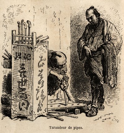Die Pfeifenklopfmaschine in seiner Werkstatt, er benutzt eine einfache Platte mit ungleich großen Löchern, die in eine Eisenspirale gesetzt sind, um die Pfeifen zu klopfen. Gravur zur Illustration der Reise nach Japan, von Aime Humbert, Minister der Schwei von Unknown artist