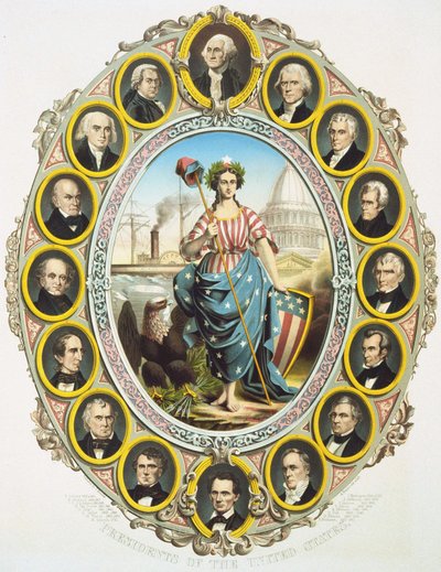 Die Präsidenten der Vereinigten Staaten mit dem Symbol Amerikas in der Mitte. Oben Washington und unten Abraham Lincoln. Plakat veröffentlicht zur Amtseinführung von Lincoln 1861. Gravur 1861 von Unknown artist