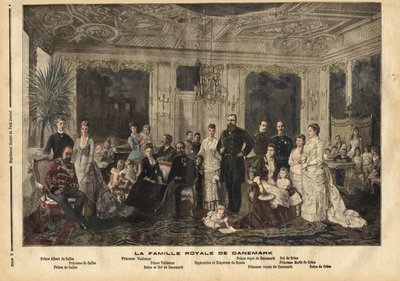 Die königliche Familie von Dänemark, in der Mitte sitzend, Königin Louise von Hessen-Kassel (1817-1898) und König Christian IX. von Dänemark (1818-1906) genannt „der schöne Vater Europas“, weil er mehrere seiner Kinder mit Erben der großen königlichen Fami von Unknown artist
