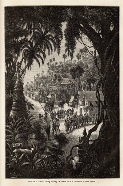 Die Saisonfeiern in Luang Prabang, königliche Hauptstadt von Lan Xang (Königreich der Millionen Elefanten) (heutiges Laos), bestehend aus einer Prozession der Einwohner und einer Pagode der Anbetung durch die ganze Stadt. Gravur zur Illustration einer Entd von Unknown artist