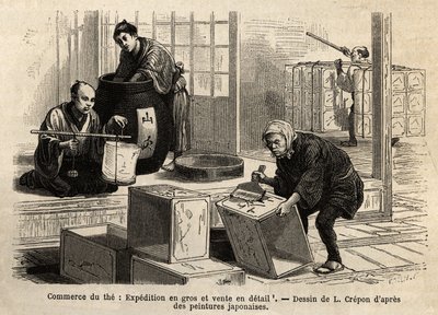 Der Handel mit Tee: Groß- und Einzelhandel. Gravur zur Illustration der Reise nach Japan, von Aimé Humbert, Minister der Schweizerischen Eidgenossenschaft, 1863-1864, veröffentlicht in „Le tour du monde“, 1869, herausgegeben von Edouard Charton, Edition Ha von Unknown artist