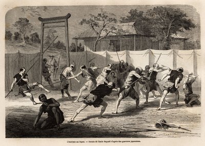 Das Training japanischer Krieger im Schwert- und Speerkampf in einer Art Arena, umgeben von gespanntem Segeltuch. Illustration der Reise nach Japan, 1863-1864, von Aime Humbert, Minister der Schweizerischen Eidgenossenschaft, in "Le tour du monde, nouveau" von Unknown artist