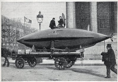 Das Unterseeboot „Le Goubet“, transportiert für Experimente, passiert den Place de la Madeleine in Paris. Gravur in „La Nature“ von Unknown artist