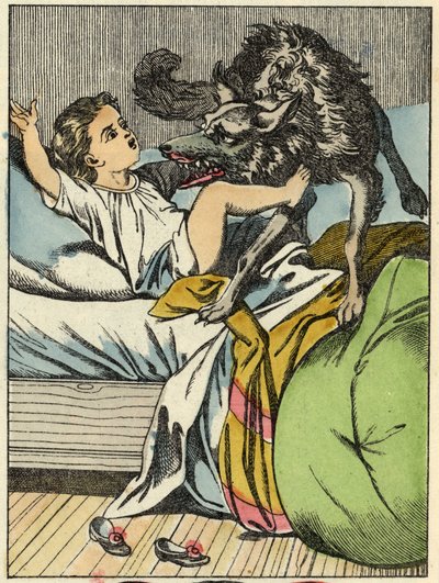 Der Wolf schlägt Rotkäppchen. Illustration des Märchens „Rotkäppchen“ von Charles Perrault von Unknown artist