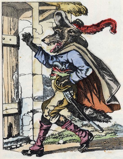 Der Wolf klopft an die Tür des Biquet-Hauses. Illustration aus dem Märchen „Compere le Loup, Maitre Renard, Comere la Chevre et ses petits biquets“ nach einer Fabel von Jean de La Fontaine. In „Märchen aus dem Heim für die Kleinen“. Anonyme Gravur von Unknown artist