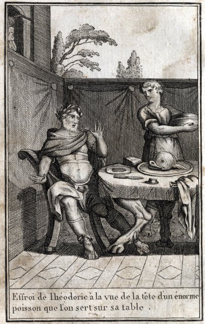 Theoderich der Große (ca. 454/455-526), König der Goten, erschrickt beim Anblick des Kopfes eines riesigen Fisches, der auf seinem Tisch serviert wird. Stich in „Beauté de l