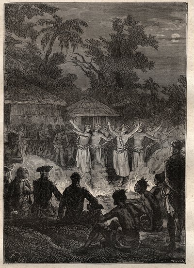Dritte Reise (1776-1779) von Kapitän James Cook (1728-1779): ein Fest auf den Freundschaftsinseln (Königreich Tonga, Polynesien) - Illustration aus „Die großen Seefahrer des 18. Jahrhunderts“ von Unknown artist