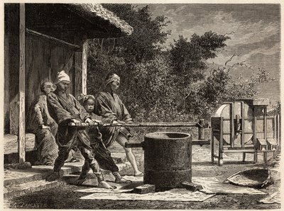 Drei Bauern betreiben die Reismühle. Gravur zur Illustration der Reise nach Japan in den Jahren 1863-1864, von Aime Humbert, Minister der Schweizerischen Eidgenossenschaft, in „Le tour du monde, nouveau journal des voyages“, veröffentlicht unter der Leitun von Unknown artist