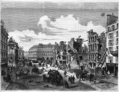Transformationen von Paris unter dem Zweiten Kaiserreich, Paris Haussmann: Abriss der Rue de la Paix für die Eröffnung der Rue Réaumur. Gravur in „Das Illustrierte Universum“ von Unknown artist