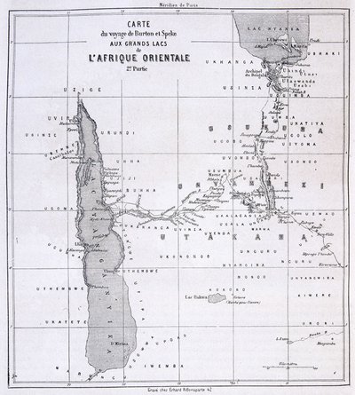 Reisekarte von Richard Francis Burton, britischer Entdecker (1821-1890) und Speke zu den Großen Seen Ostafrikas 1857-59 - in Tour du Monde von Unknown artist