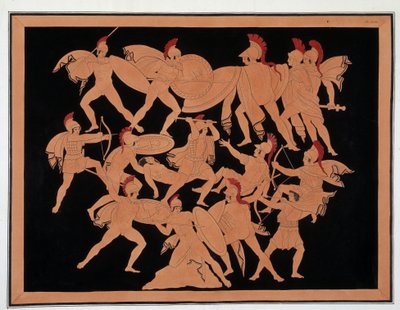 Trojanischer Krieg - in der Mitte: Menelaos verteidigt den Körper von Patroklos mit seinem Schild, Ajax bewaffnet mit einer Axt schlägt Hippothous, Merion schießt seine Pfeile, greift die Trojaner an, um den Körper von Patroklos zu holen - Oben im Bild: re von Unknown artist