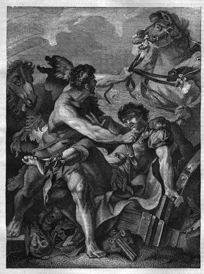 Zwölf Arbeiten des Herkules: Diomedes wird von Herkules getötet und von seinen eigenen Pferden gefressen. Gravur nach dem Gemälde von Jean-Baptiste-Marie Pierre (1714-1789) von Unknown artist