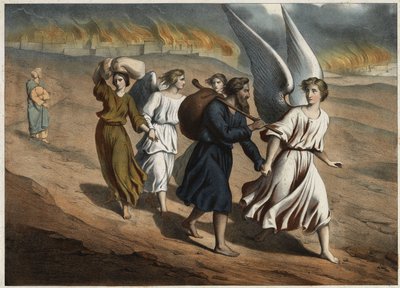 Zwei Engel führen Lot und seine Töchter, die die Stadt Sodom verlassen müssen, die wie Gomorra von Gott zerstört wird. Lots Frau, die trotz des Verbots in die Stadt zurückkehrt, wird zu einer Salzsäule versteinert. Anonyme Gravur aus der Mitte des 19. Jahr von Unknown artist