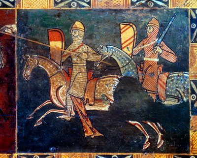 Zwei Ritter auf der Seite des Netzes, die in die Schlacht ziehen. Detail der Dekoration einer Hochzeitskiste, die Szenen des seigneurialen Lebens darstellt. 14. oder 15. Jahrhundert. Vannes, Museum von Vannes von Unknown artist