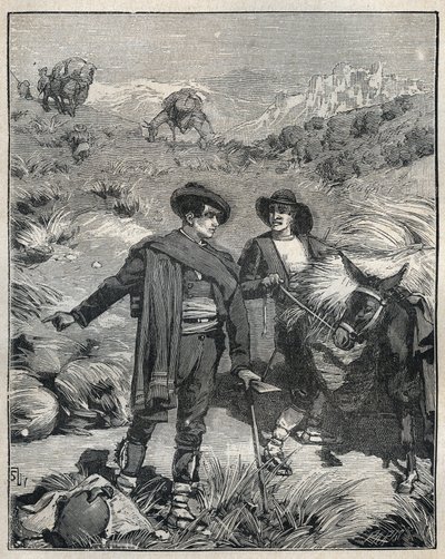 Zwei Bauern aus der Sierra Almagrera in Spanien entdeckten 1838 das Jaroso-Silbervorkommen. Gravur von 1885 in „Les arts et métiers illustrés“ von Adolphe Bitard. von Unknown artist