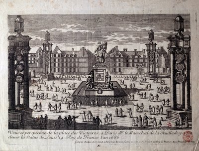 Ansicht der Place des Victoires in Paris mit der Statue von Ludwig XIV. Gravur aus dem 17. Jahrhundert von Unknown artist