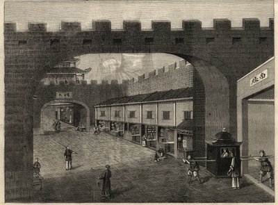 Ansicht einer Straße in den Stadtmauern von Guangzhou, China. Gravur in „The Illustrated London News“ vom 14. Februar 1857. von Unknown artist