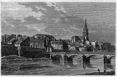 Ansicht der Stadt Mézières Ende des 19. Jahrhunderts. Gravur in „le journal de la Jeunesse“ von 1888. von Unknown artist