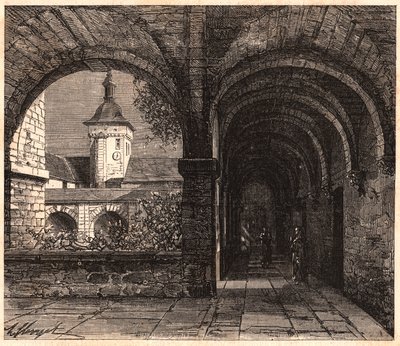 Blick auf den Kreuzgang der Abtei von Solesmes von der Galerie, Sarthe, Frankreich von Unknown