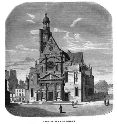 Ansicht der Fassade der Kirche Saint-Etienne-du-Mont, Place Sainte-Genevieve in Paris im 5. Arrondissement im Jahr 1858 von Unknown artist