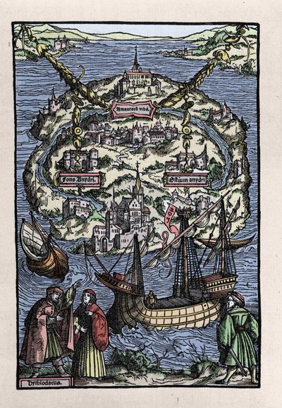 Ansicht der Insel Utopia aus dem Buch von Thomas More (1478-1535), „De optimo reipublicae statu deque nova insula Utopia“. Graviert von Johann Froben. 1518 von Unknown artist