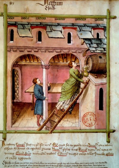 Essig: eine junge Frau füllt einen Krug, Illumination aus dem „Tacuinum sanitatis“ von Unknown artist