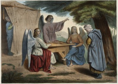 Besuch der drei Engel bei Abraham: Abraham erfährt, dass seine Frau Sarah (im Hintergrund), bereits sehr alt, ihm bald einen Sohn gebären wird. Anonyme Gravur aus der Mitte des 19. Jahrhunderts. von Unknown artist
