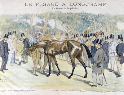 Wiegen in Longchamp und eine Gruppe von Pferdebesitzern von Unknown artist