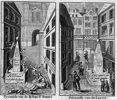 Winterpyramide 1784 in Paris. Faksimile von zwei Drucken, veröffentlicht in „La Pyramide de neige“, Almanach von 1786. Gravur in „La Nature: revue des sciences et de leurs applications aux arts et a l