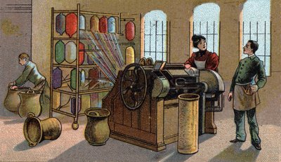 Wollindustrie, Kämmen. Chromolithografie des späten 19. Jahrhunderts von Unknown artist