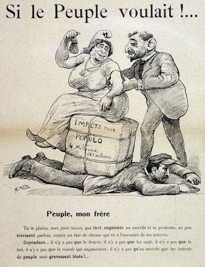 Arbeiter von „Steuern für das Volk“ erdrückt - Karikatur, Ende des 19. Jahrhunderts von Unknown artist