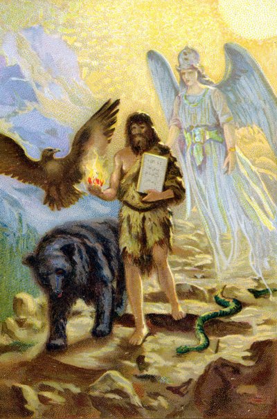 Zarathustra, geführt vom Erzengel und begleitet von Tieren, die ihm während seines Rückzugs auf dem Berg Gesellschaft leisten, steigt zu den Menschen hinab, um die Gesetzestafeln zu überbringen, die er von Ahura Mazda erhalten hat von Unknown artist